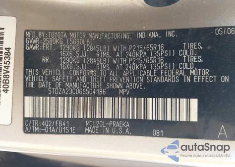 2006 Toyota Sienna Ce z USA, uszkodzony, nr VIN 5TDZA23C06S504186